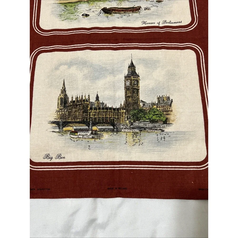 Vtg Irish Cabin Towel House of Parliament Big Ben Tea Towel Irish Linen UK